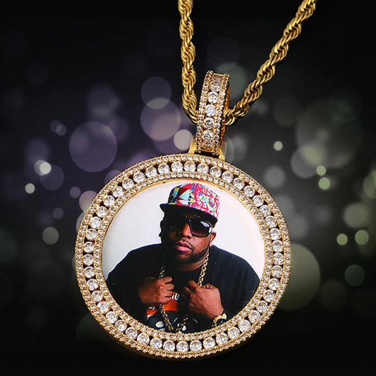 Round Custom Made Photo Pendant Necklace Medallions Engraved Crystal Tennis Chain Iced Out Top Quality Mens Hip Hop Jewelry